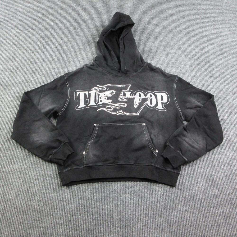 Timeloop Mens L Black Pullover Hooded Fleece Pockets TV Graphic Hoodie NWT